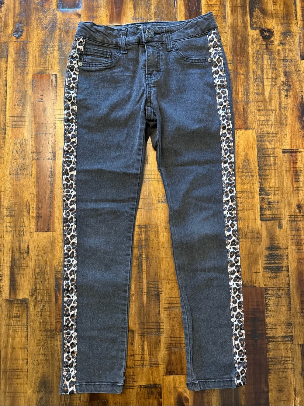 🍒 Girl's Lee Skinny faded black leopard stripe jeans. grunge punk sz 7 zip-up